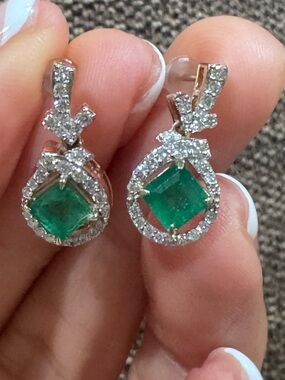 14K Gold Natural Emerald Diamond Halo Earrings 1.21CT Emeralds 0.40CTW Diamonds